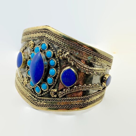 Vintage Afghan Bracelet: Middle Eastern Kuchi Blue Turquoise Silver Brass Glass - Picture 4 of 5